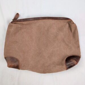 Mens Brown Canvas Cowhide Leather Toiletry Bag Travel Pouch Minimalist Cabin